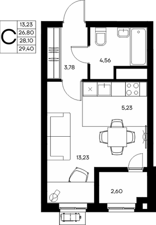 Планировка 1-комн 29,4 м²