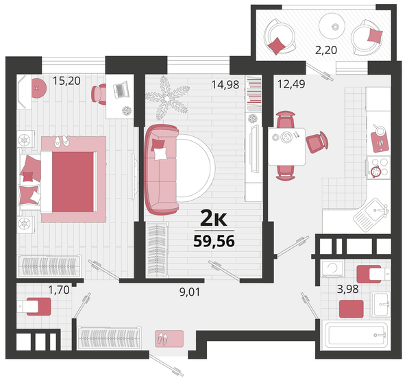 Планировка 2-комн 59,56 м²