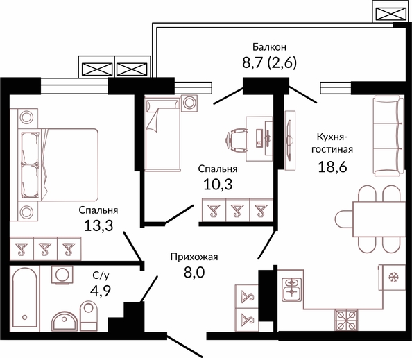 Планировка 2-комн 57,7 м²