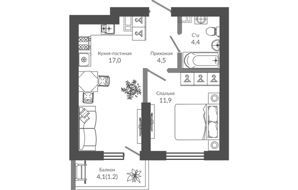 Планировка 1-комн 39 м²