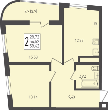 Планировка 2-комн 58,42 м²