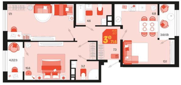 Планировка 3-комн 71,6, 72,6 м²