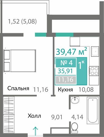 Планировка 1-комн 35,91 м²