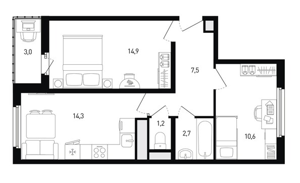 Планировка 2-комн 52,7 - 53,5 м²