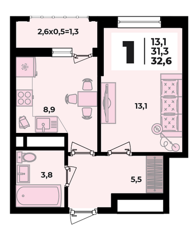 Планировка 1-комн 32,6 м²