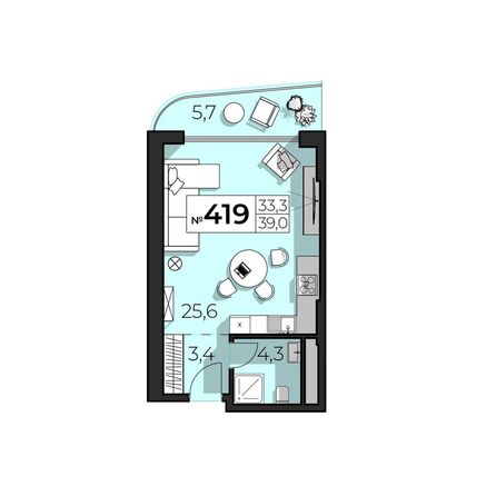 Планировка 1-комн 39 м²