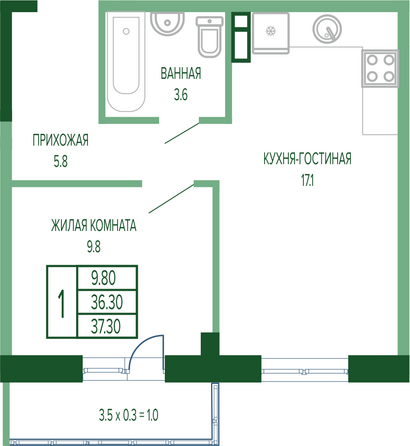 Планировка 1-комн 37,3 м²