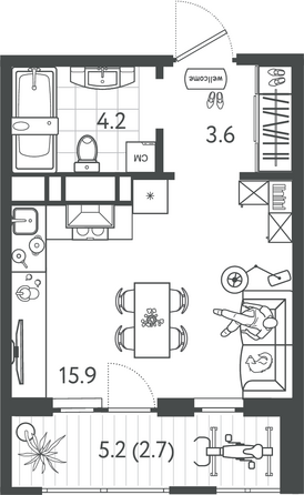 Планировка 1-комн 26,4 м²