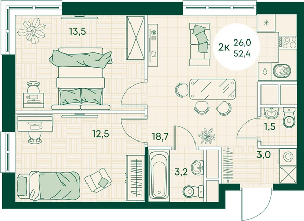 Планировка 2-комн 52,4 м²