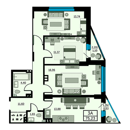 Планировка 3-комн 74,7 - 75,6 м²