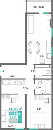 Планировка 2-комн 65,04 м²