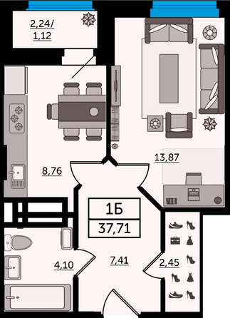 Планировка 1-комн 37,71 м²