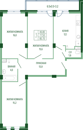 Планировка 3-комн 80,7 м²