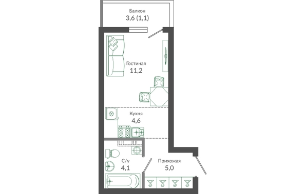 Планировка 1-комн 26 м²