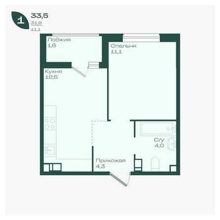 Планировка 1-комн 33,5 м²