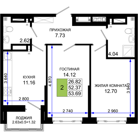 Планировка 2-комн 53,69 м²