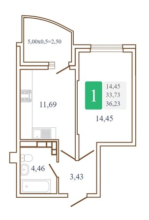 Планировка 1-комн 36,23 м²