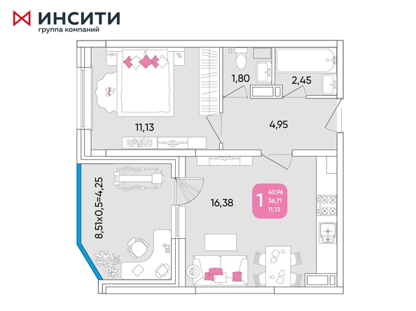 Планировка 1-комн 40,96 м²