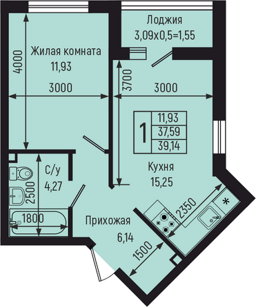 Планировка 1-комн 39,14 м²