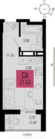 Планировка 1-комн 21,43 м²