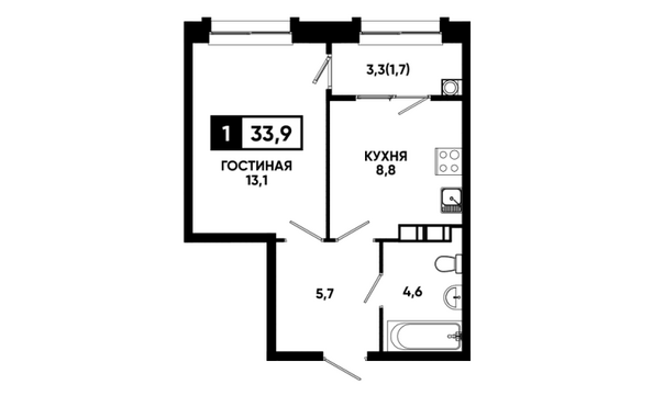 Планировка 1-комн 33,9 м²