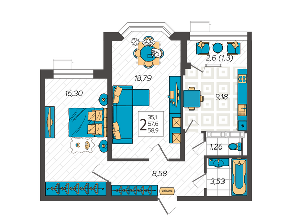 Планировка 2-комн 58,9 м²