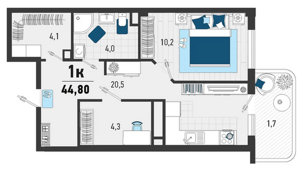 Планировка 1-комн 44,8 м²