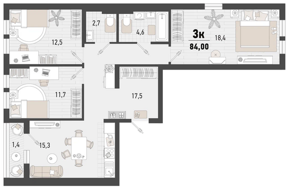 Планировка 3-комн 84 м²