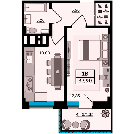 Планировка 1-комн 33,4 м²