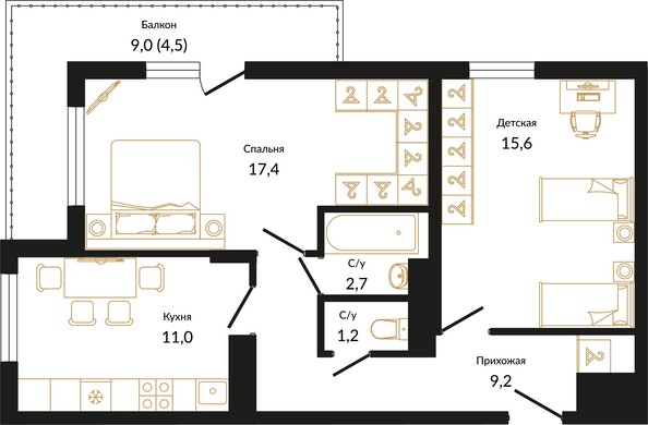 Планировка 2-комн 61,6 м²