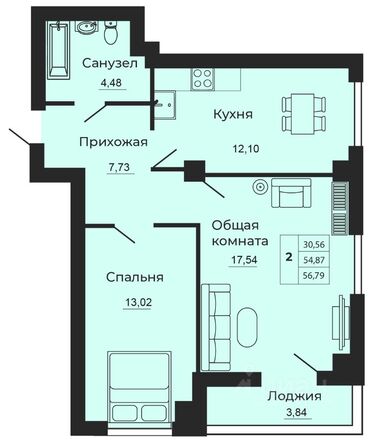 Планировка 2-комн 56,79 м²