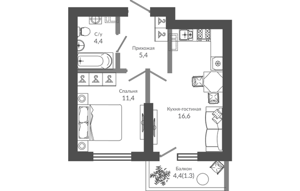 Планировка 1-комн 39,1 м²