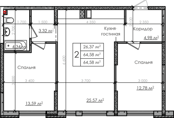 Планировка 2-комн 64,58 м²