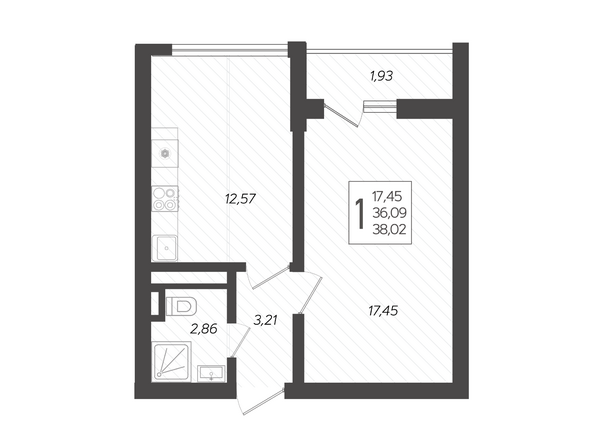 Планировка 1-комн 38,02 м²