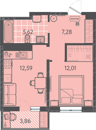 Планировка 1-комн 38,66 м²