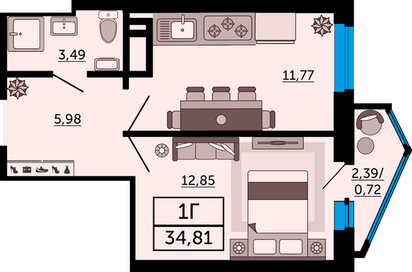 Планировка 1-комн 34,81 м²