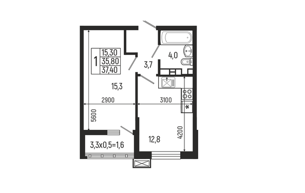 Планировка 1-комн 37,4, 37,5 м²