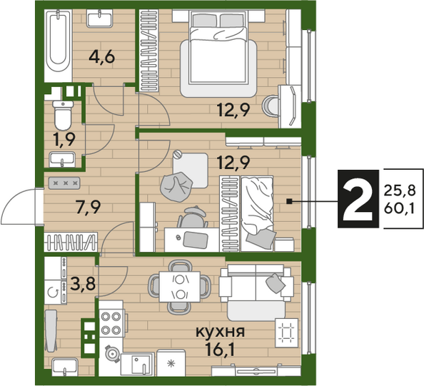 Планировка 2-комн 60,1 м²