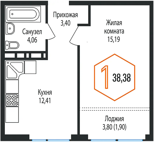 Планировка 1-комн 38,38 м²