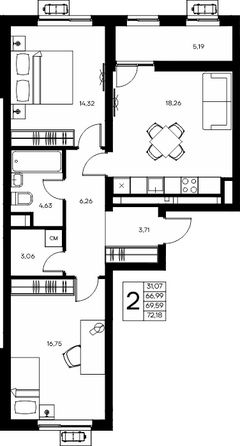 Планировка 2-комн 72,18, 72,27 м²