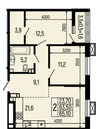 Планировка 2-комн 65,1, 65,7 м²