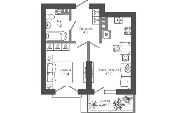 Планировка 1-комн 38,1 м²