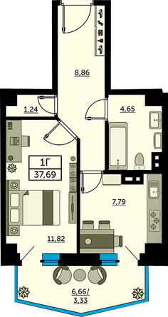 Планировка 1-комн 35,88, 35,95 м²