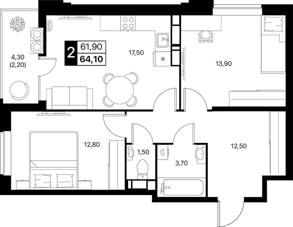 Планировка 2-комн 64,1 - 64,6 м²