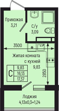 Планировка Студия 17,37 м²