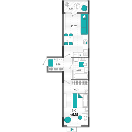 Планировка 1-комн 46,15 м²