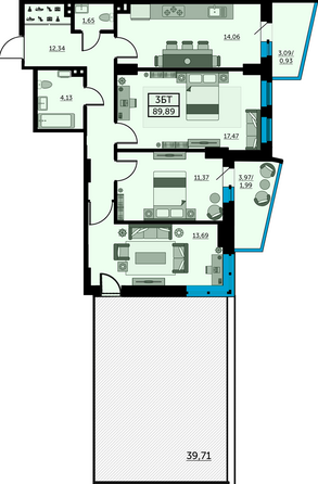 Планировка 3-комн 89,89 м²