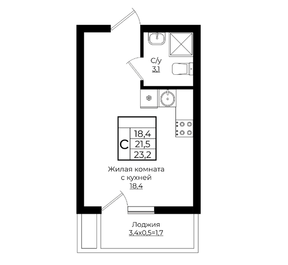 Планировка Студия 23,2 м²