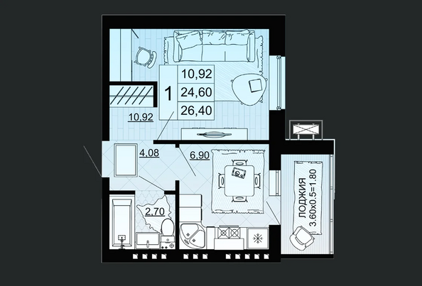 Планировка 1-комн 26,4 м²