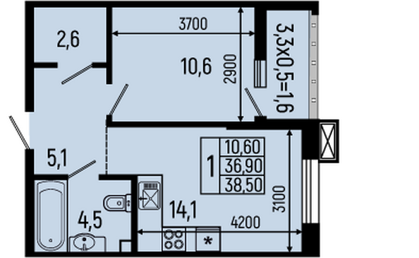 Планировка 1-комн 38,5 м²
